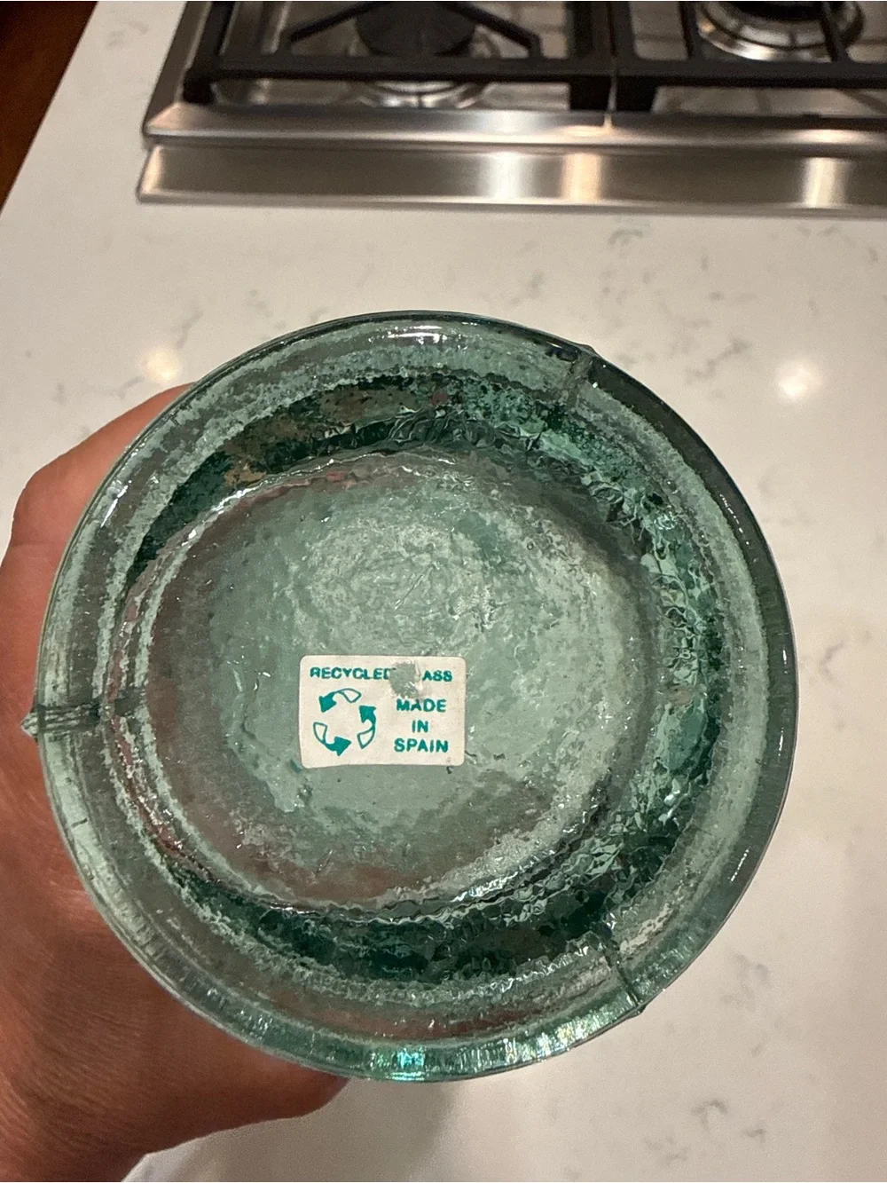Vintage Spanish Recycled Glass Bottle Vase Aqua Green Embossed Pinecone